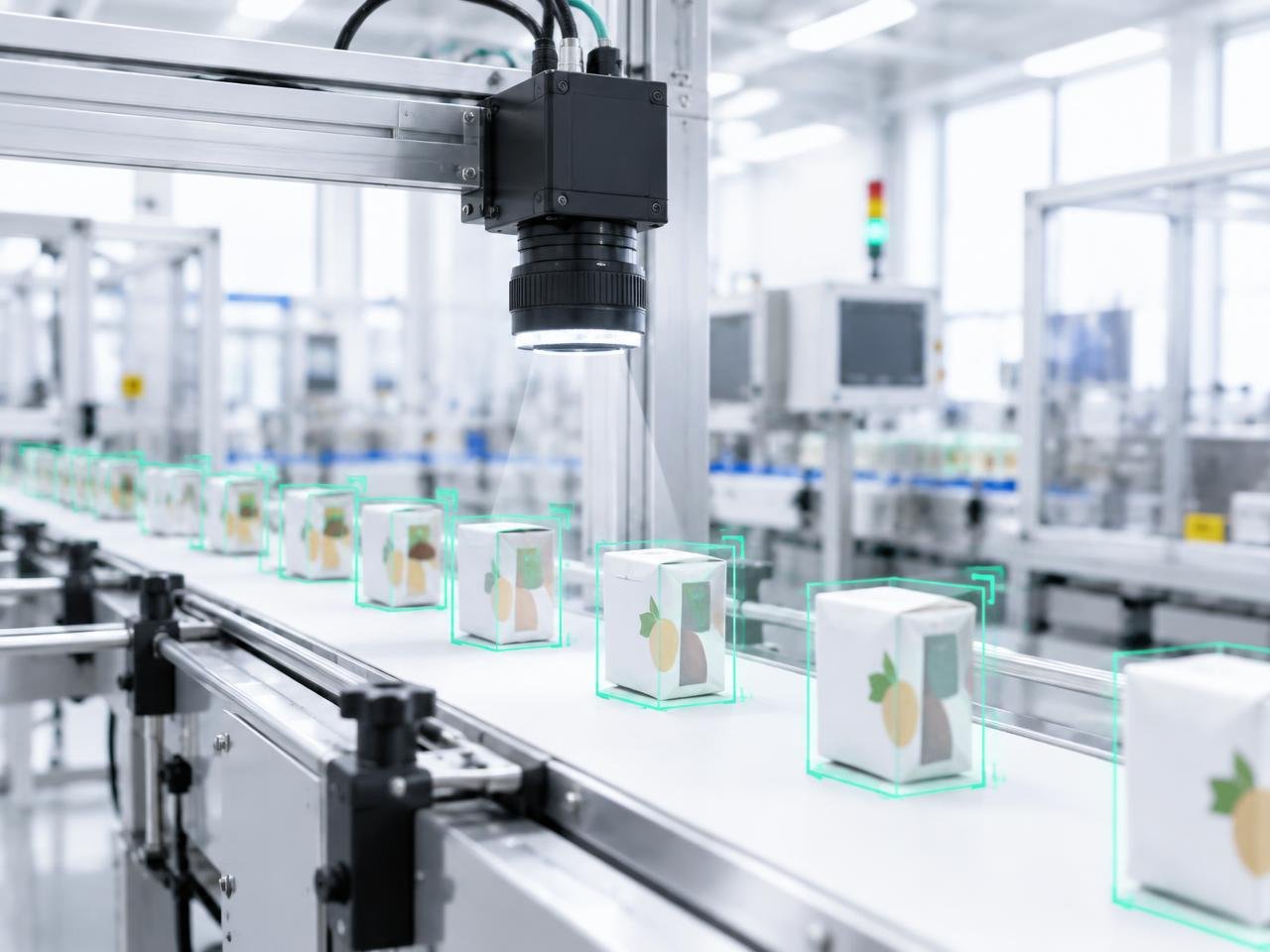 Câmera industrial inspecionando peças em uma linha de produção com marcações de detecção